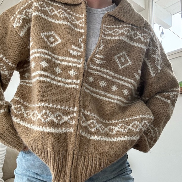 Le Lis Sweaters - Le Lis Brown and White Zip Up Sweater Nordic Pattern
